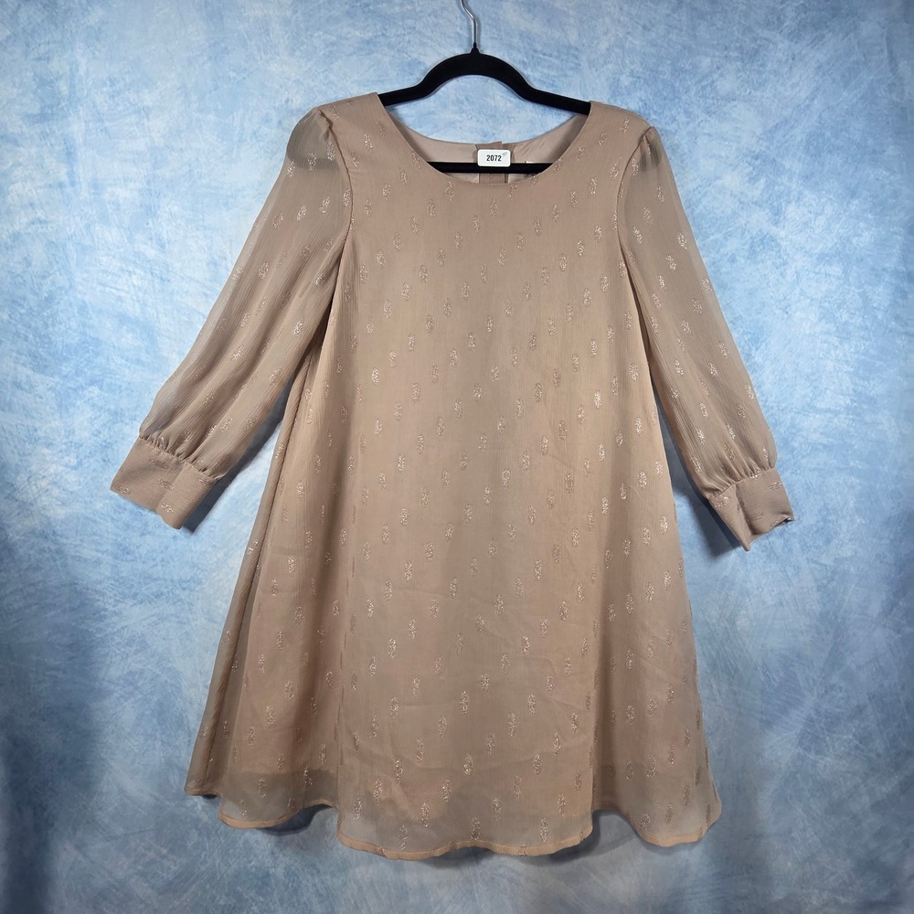 BB Dakota Mauve Taupe Gold Metallic Clip Dot Long Sleeve Shift Dress XS